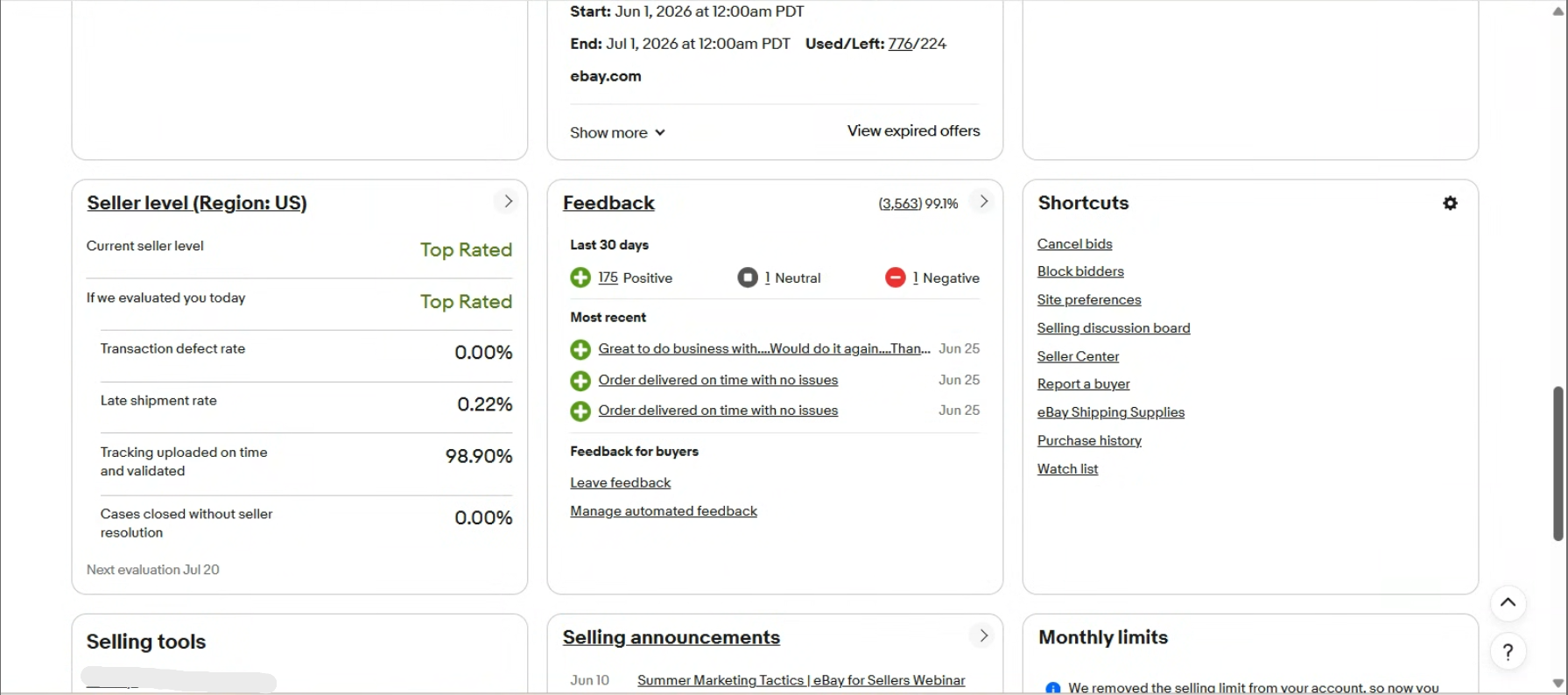 eBay Seller Hub after — 98.84% tracking, Top Rated
